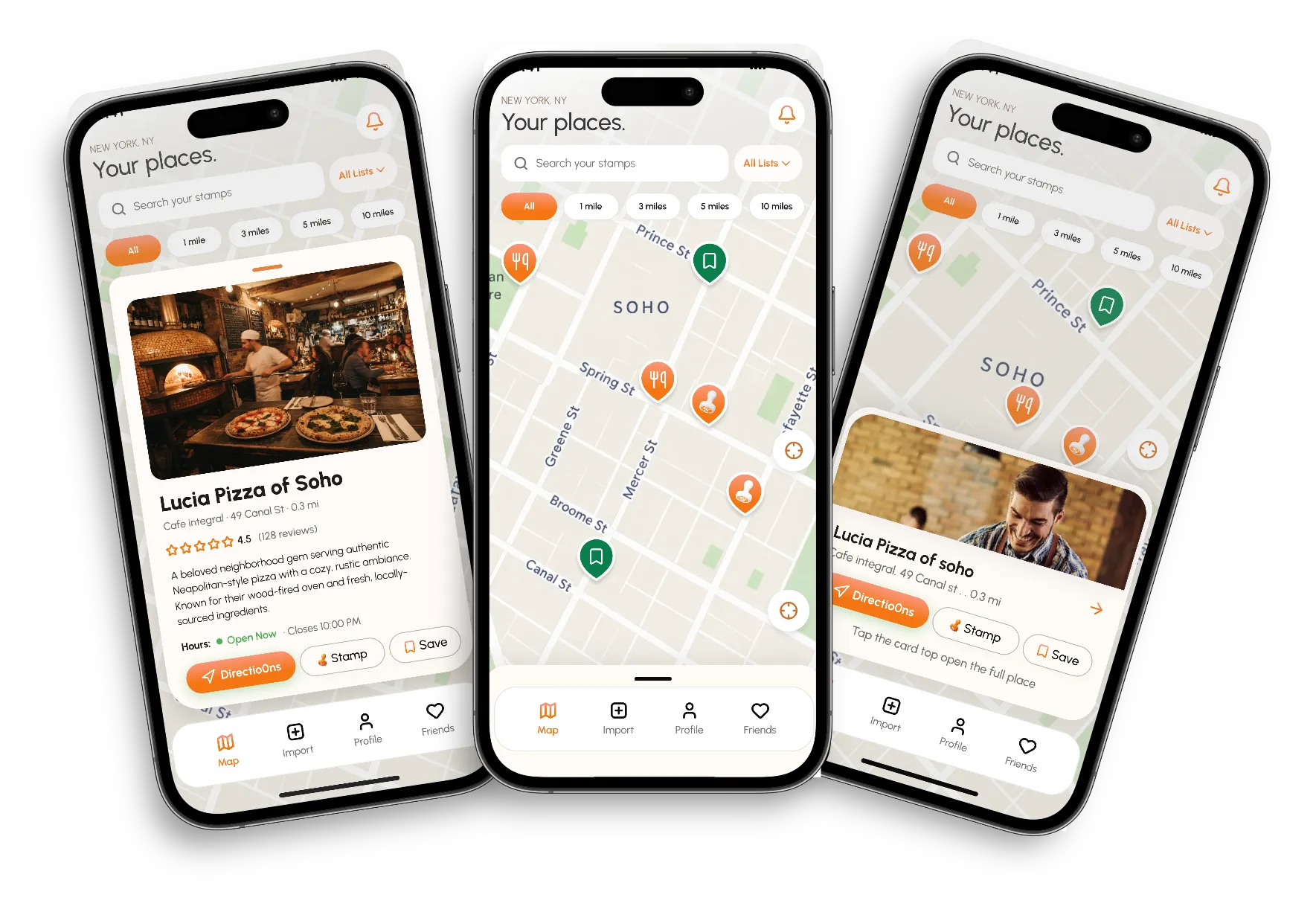 Three Stampd screens: a place card for Lucia Pizza of Soho, the SoHo map with saved pins, and directions to a saved spot