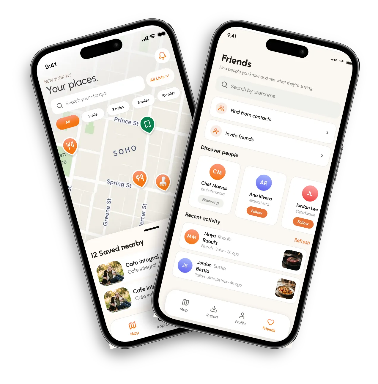 Stampd app showing your saved places on a map and a friends feed
