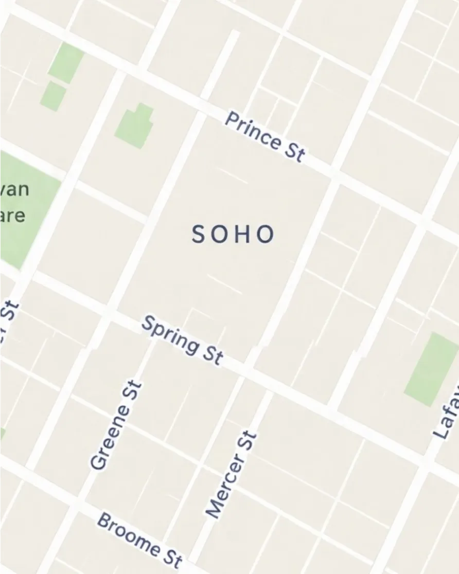 Stampd map of SoHo, New York with three saved places pinned