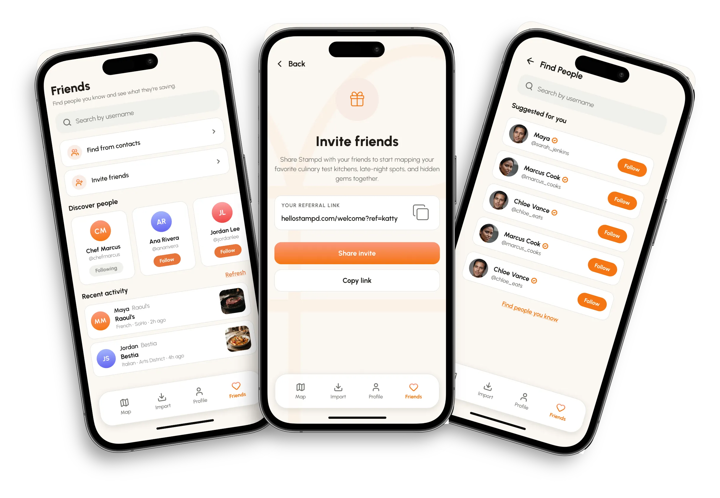 Stampd friends screens: find people, invite friends, and follow what friends are saving